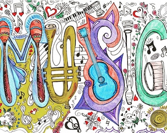 May include: A colorful illustration of the word "MUSIC" with musical instruments, notes, and hearts. The instruments include a trumpet, guitar, maracas, flute, and a drum.