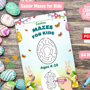 May include: A printable PDF booklet with 64 Easter mazes for kids ages 4-10. The cover features a colorful design with butterflies, eggs, and bunnies. The text "Easter Mazes for Kids" is displayed in a large font.