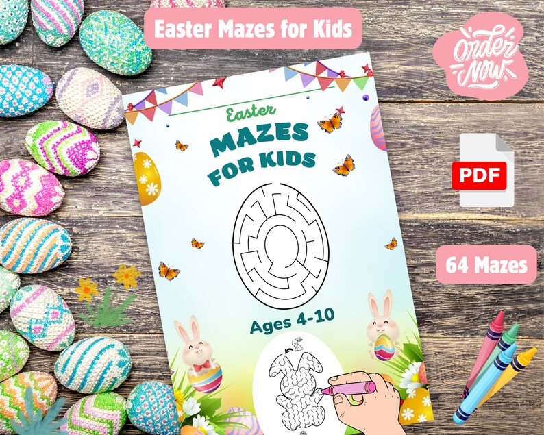 May include: A printable PDF booklet with 64 Easter mazes for kids ages 4-10. The cover features a colorful design with butterflies, eggs, and bunnies. The text "Easter Mazes for Kids" is displayed in a large font.