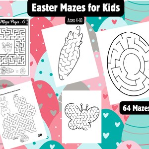 May include: A set of 64 printable Easter maze activity pages for kids ages 4-10. The mazes feature various Easter themes, including bunnies, eggs, carrots, and butterflies. The pages are black and white and ready to be printed and colored.