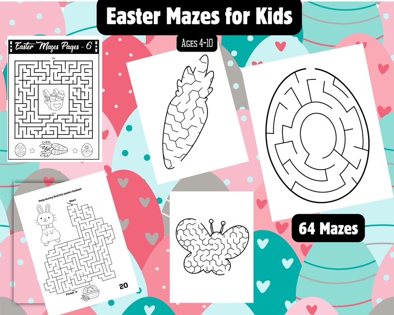May include: A set of 64 printable Easter maze activity pages for kids ages 4-10. The mazes feature various Easter themes, including bunnies, eggs, carrots, and butterflies. The pages are black and white and ready to be printed and colored.