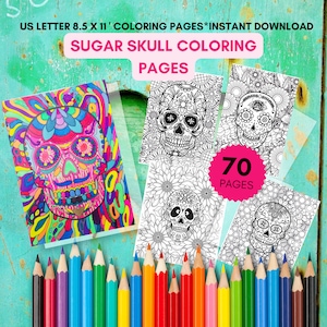 Printable Sugar Skull Coloring Pages Instant Download: 70 Pages to color and promote relaxation and mindfulness