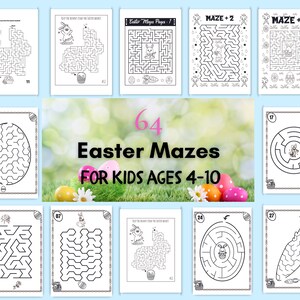 May include: A set of 64 printable Easter mazes for kids ages 4-10. The mazes feature various Easter themes, including bunnies, eggs, and baskets.