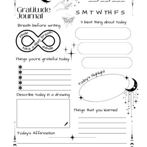 May include: Black and white printable gratitude journal page with a moon and stars design. The page includes sections for daily reflection, including breathing exercises, things you are grateful for, a highlight of the day, things learned, and an affirmation.