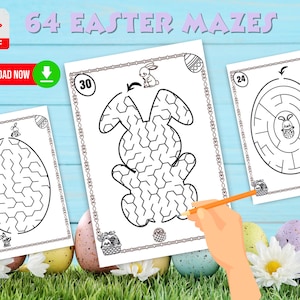 May include: A set of printable Easter maze activity sheets. The mazes feature Easter-themed designs, such as bunnies and eggs. The sheets are black and white and ready to be colored in.