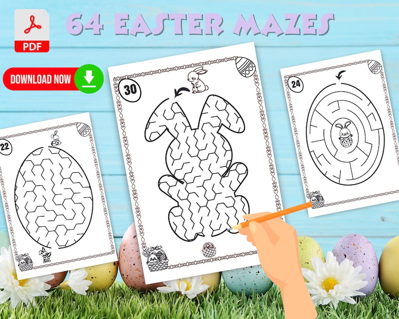 May include: A set of printable Easter maze activity sheets. The mazes feature Easter-themed designs, such as bunnies and eggs. The sheets are black and white and ready to be colored in.