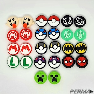 May include: A set of 20 colorful Nintendo Switch controller thumb grips featuring various characters and designs, including Mario, Luigi, Pokemon, Animal Crossing, and Minecraft.