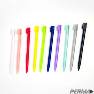 May include: Assortment of 11 colorful stylus pens for a Nintendo DS or 3DS handheld gaming console. The pens are in various colors including white, pink, red, yellow, green, blue, purple, light blue, gray, and black.