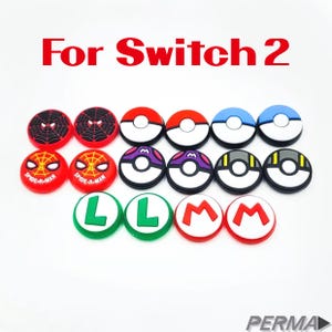May include: A collection of circular silicone thumbstick caps for gaming controllers, featuring designs of Spider-Man, Poké Balls, and the letters L and M. The text For Switch 2 is displayed at the top, and the word PERMA is at the bottom right.
