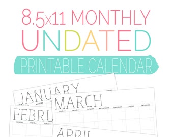 Calendario mensual imprimible: Plantilla en blanco y negro sin fecha (8,5 x 11) (Descarga digital)
