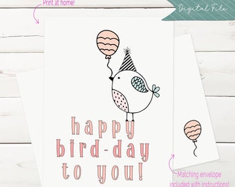 Tarjeta de cumpleaños con un pájaro divertido: Tarjeta imprimible y sobre (descarga instantánea)