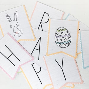 May include: A Happy Easter banner with pastel colored scalloped edges. The banner includes the letters H, A, P, Y, R, and an Easter egg and bunny illustration.