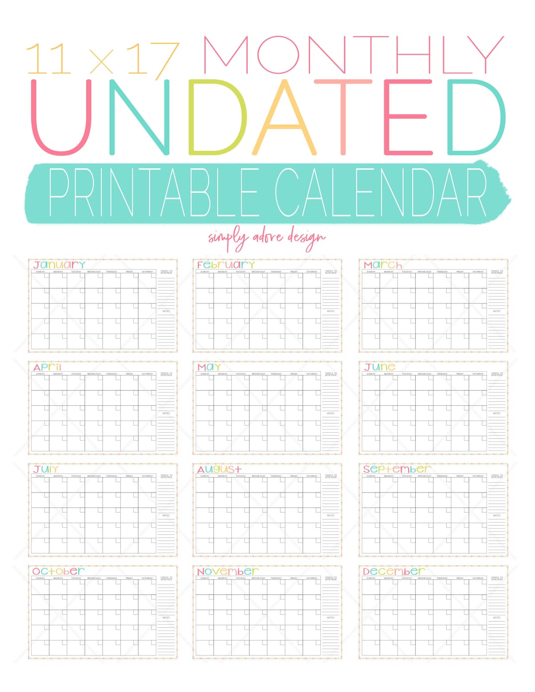 Printable Monthly Calendar | Undated Calendar | Blank Calendar ...