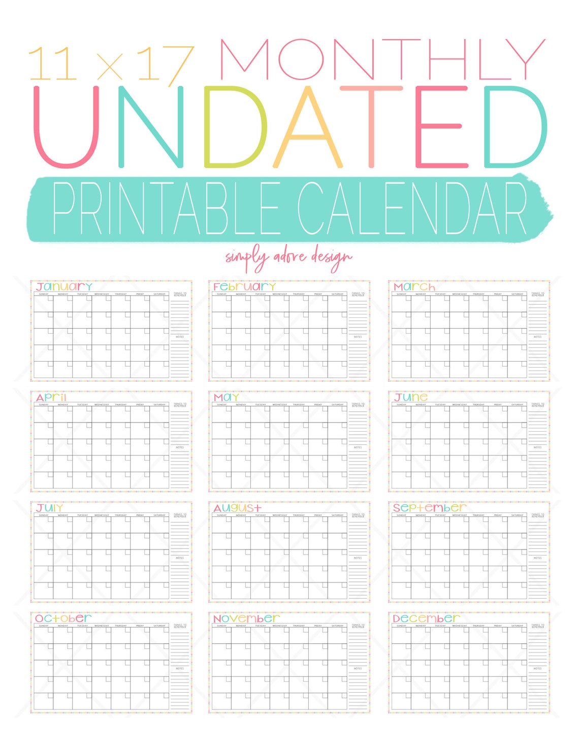 Printable Monthly Calendar Undated Calendar Blank Calendar Monthly ...