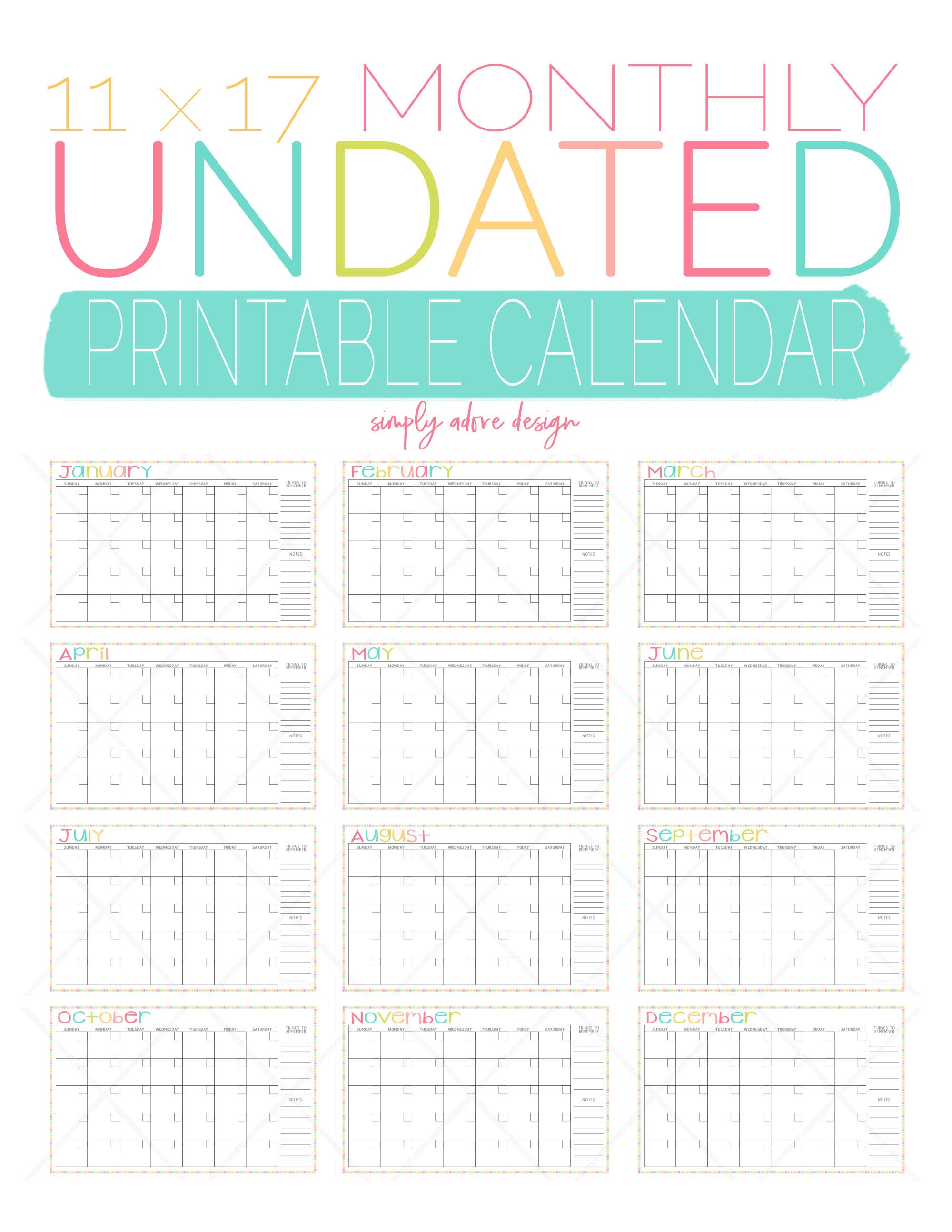 Printable Monthly Calendar Undated Calendar Blank Calendar