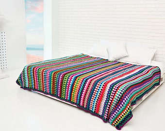 Colorful blanket, a gift for a new home, handmade, large polyester bedspread, crochet comforter. Crueltyfree and vegan.