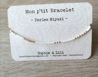 BRACELET PERLES MIYUKI réglable, blanc et or, bracelet minimaliste, bohème, rocaille, gold