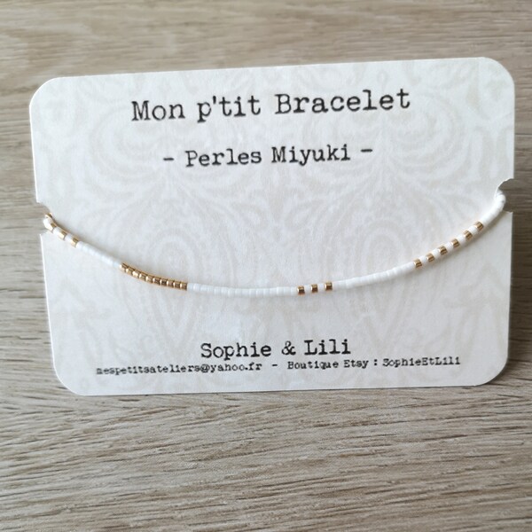 BRACELET PERLES MIYUKI réglable, blanc et or, bracelet minimaliste, bohème, rocaille, gold