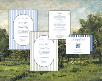 Elegant Striped Wedding Invitation Suite, Editable Canva Template, Instant Download, Modern Striped French Countryside