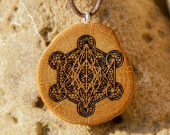 Metatrons cube necklace, wood burning art, sacred geometry charm, pyrography, boho jewelry