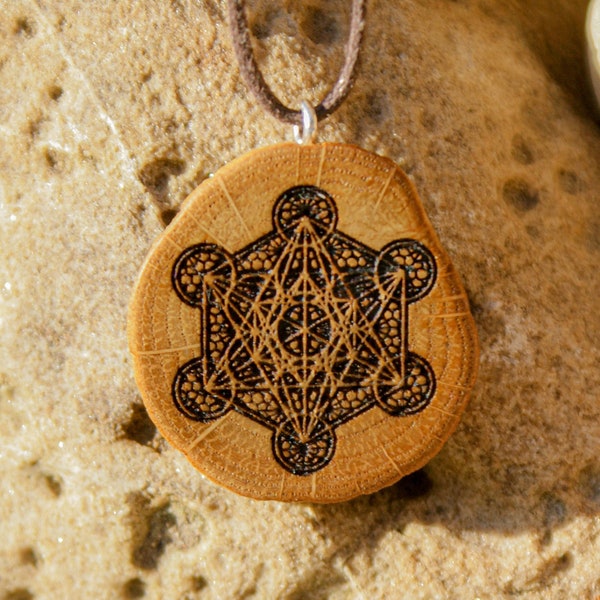 Metatrons cube necklace, wood burning art, sacred geometry charm, pyrography, boho jewelry