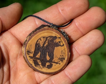 Spirit animal bear necklace, personalized wooden pendant, grizzly bear totem, animal jewelry, nature lover gift, woodland animals