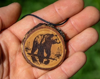 Spirit animal bear necklace, personalized wooden pendant, grizzly bear totem, animal jewelry, nature lover gift, woodland animals