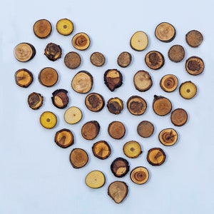 May include: A heart shape made of wood slices in various shades of brown and yellow on a light blue background.