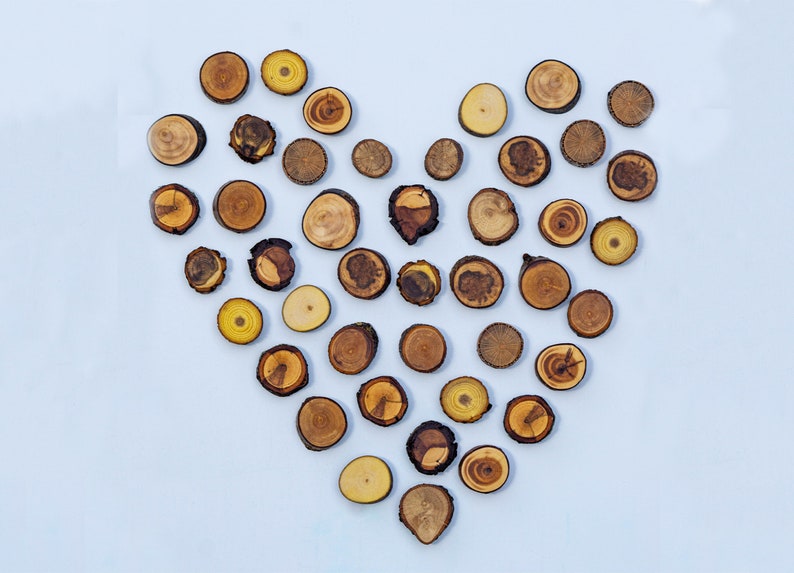 May include: A heart shape made of wood slices in various shades of brown and yellow on a light blue background.
