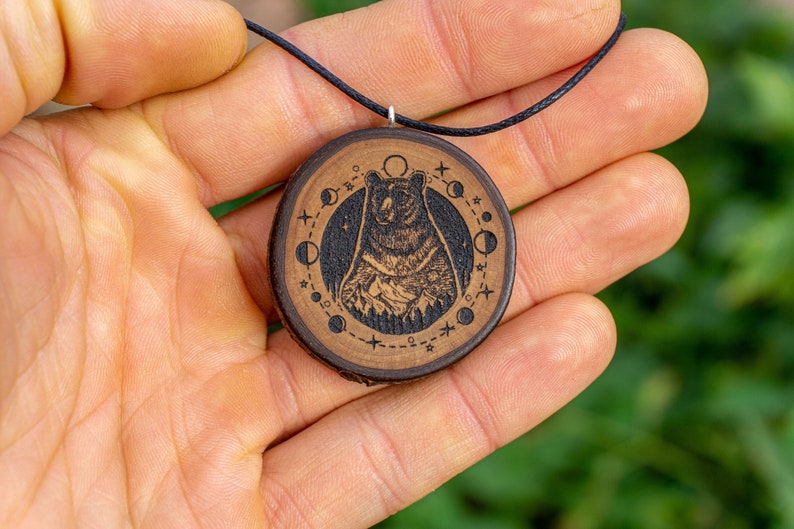 Spirit animal Mama bear necklace, personalized wooden pendant, grizzly bear totem, animal jewelry, nature lover gift, woodland animals image 1