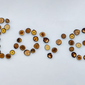 May include: The word "LOVE" spelled out using small, round, wooden slices. The slices are arranged in a curved shape to form the letters. The background is a light blue.