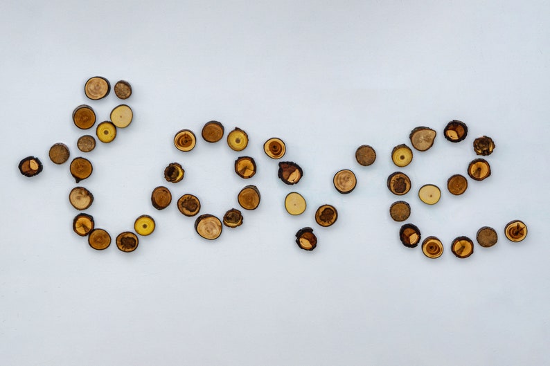 May include: The word "LOVE" spelled out using small, round, wooden slices. The slices are arranged in a curved shape to form the letters. The background is a light blue.