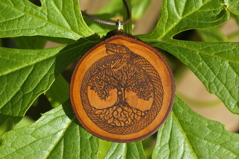 Ouroboros and the world tree Yggdrasil wooden pendant tree of life, world snake, viking jewelry/ celtic jewelry, handmade image 2