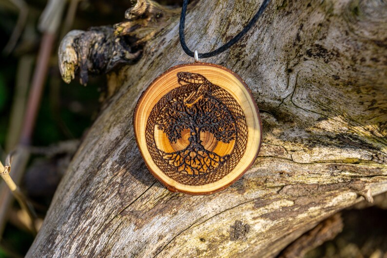 Ouroboros and the world tree Yggdrasil wooden pendant tree of life, world snake, viking jewelry/ celtic jewelry, handmade image 1