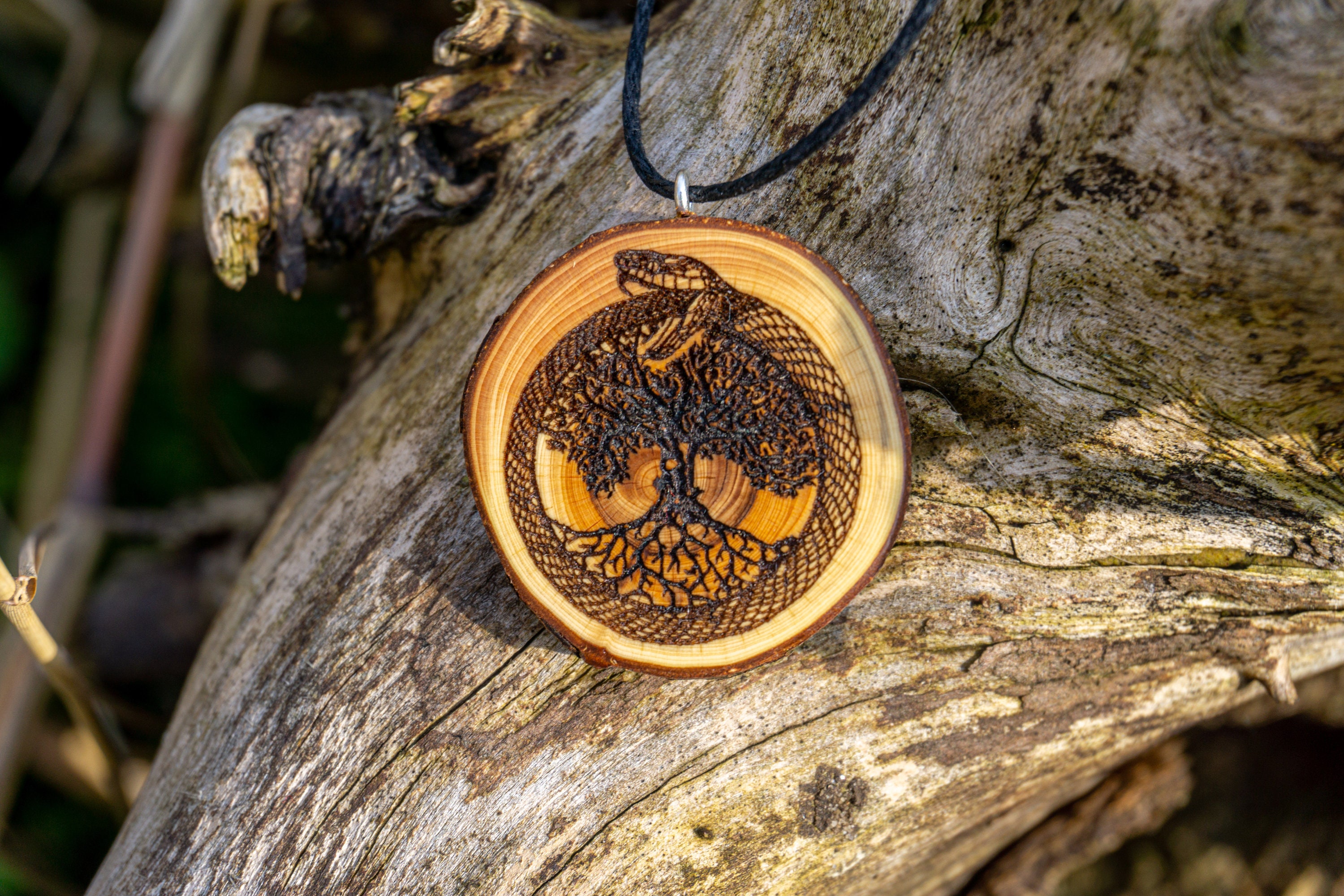 Ouroboros and the World Tree Yggdrasil - Wooden Pendant