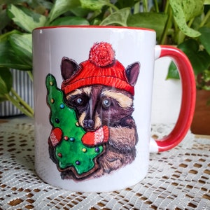 Raccoon & Christmas Tree Brownie Holiday Mug || Trash Panda Cute Cottagecore Animal Nature Tea Coffee Mittens Winter