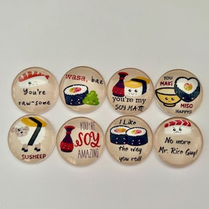 Funny Kawaii Sushi 1.25 Inch or 1 inch Glass Magnets Set, Gift for Foodie, Sushi Lover,