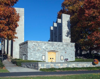 The War Memorial Chapel on the Virginia Tech campus with autumn colors.