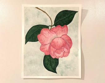 オリジナル水彩画：ピンクの椿の花の絵画 - Etsy 日本