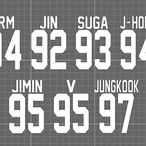 May include: A gray background with a grid pattern displays white text. The names RM, JIN, SUGA, J-HOPE, JIMIN, V, and JUNGKOOK are above large numbers: 94, 92, 93, 94, 95, 95, and 97, respectively. The numbers are in a bold, blocky font.