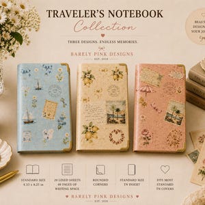 Peut inclure: Trois carnets de voyage en bleu, crème et rose, ornés d'illustrations vintage de fleurs, de voiliers et de timbres. Les carnets possèdent des coins métalliques dorés et mesurent 11 cm x 21 cm, avec 20 feuilles lignées à l'intérieur.