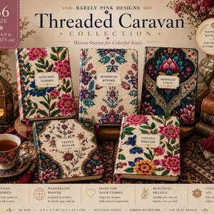 May include: A collection of B6 size journals, each with a unique floral design. The journals, measuring 4.9 x 6.9 inches, feature titles like "Stitched Garden" and "Midnight Lotus." The collection is from Barely Pink Designs, with the text "Threaded Caravan Collection."