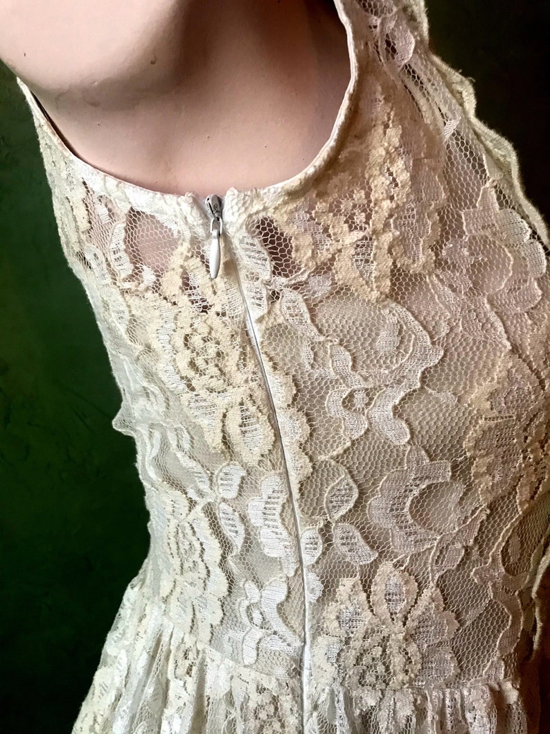 Size Small Lined Vintage Cottage Core Ivory Beige Chantilly Lace Baby Doll Dress or Top by ANGIE