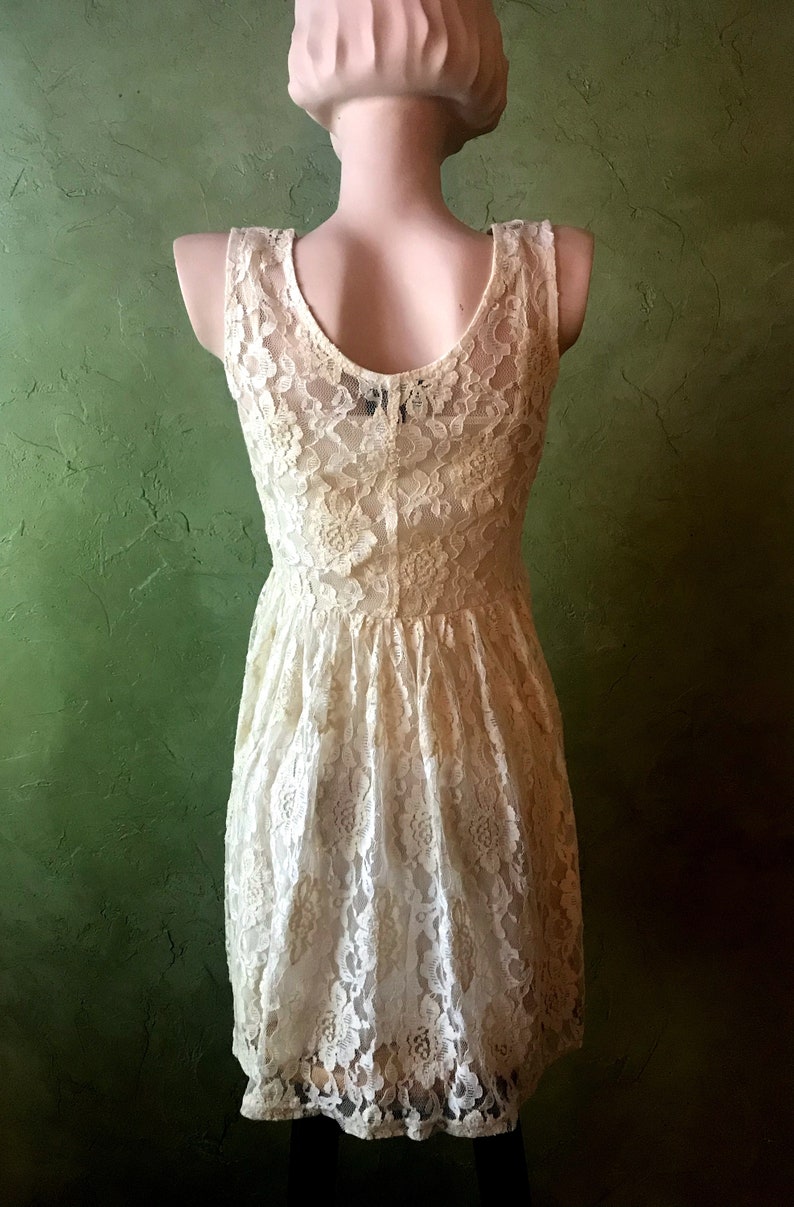 Size Small Lined Vintage Cottage Core Ivory Beige Chantilly Lace Baby Doll Dress or Top by ANGIE