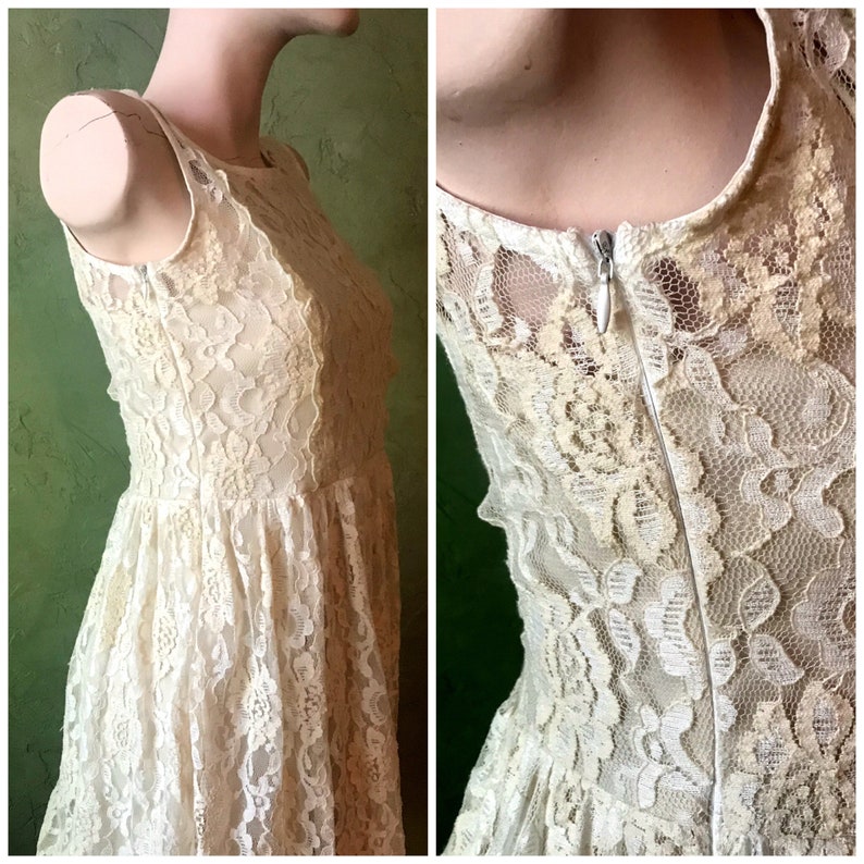 Size Small Lined Vintage Cottage Core Ivory Beige Chantilly Lace Baby Doll Dress or Top by ANGIE