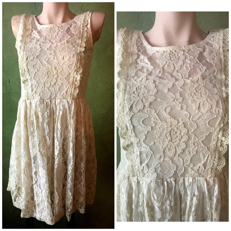 Size Small Lined Vintage Cottage Core Ivory Beige Chantilly Lace Baby Doll Dress or Top by ANGIE