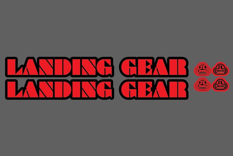 May include: Two red and black stickers with the text "LANDING GEAR" and a red and black logo of a cloud with the text "PROMO" inside.