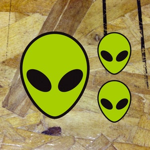 Alien Head ET Extra Terrestrial UFO Funny Decal Sticker Neon Green 4&quot; - 3 for 1