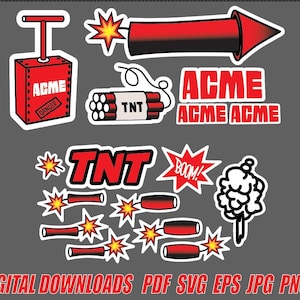 Può includere: Una collezione di illustrazioni in stile cartone animato con dispositivi esplosivi. Include una scatola di dinamite rossa con le etichette "ACME" e "DANGER", un razzo rosso e bastoncini di TNT. L'immagine contiene anche il testo "DIGITAL DOWNLOADS PDF SVG EPS JPG PNG".