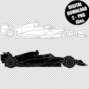 Pode incluir: Um gráfico de download digital com dois designs de carros de corrida de Fórmula 1. Um é uma silhueta preta e o outro é um desenho de linha. A imagem inclui um círculo preto com o texto "DIGITAL DOWNLOAD 2 - PNG files."